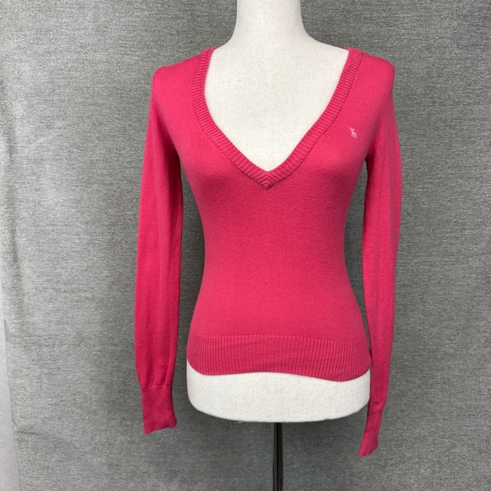 Abercrombie & Fitch Y2K 2000s V‎ Neck Pink Cotton Blend Knit Sweater Top Small